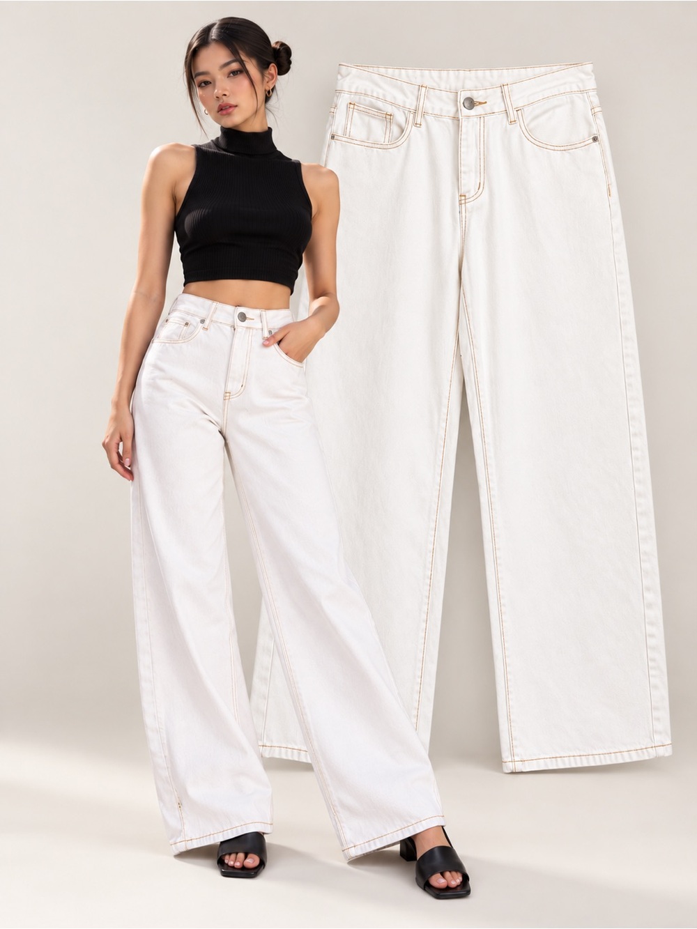 White Fox Boutique White Wide Leg Jeans Contrast Stitch 100% Cotton Medium M